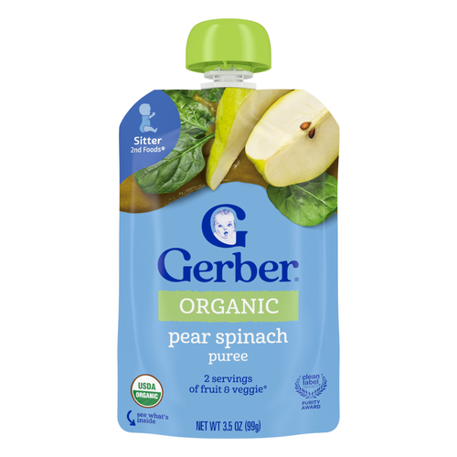 Gerber Stage 2 Baby Food, Organic Pear Spinach Puree Pouch - 3.5 Ounce