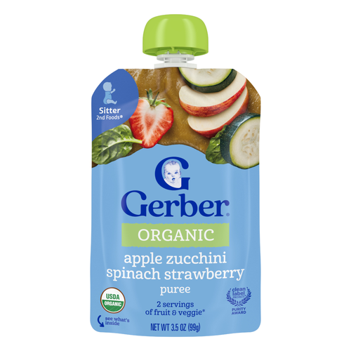 Gerber Stage 2 Baby Food, Organic Apple Zucchini Spinach Strawberry Puree Pouch - 3.5 Ounce