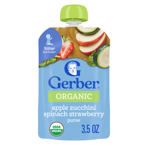 Gerber Stage 2 Baby Food, Organic Apple Zucchini Spinach Strawberry Puree Pouch - 3.5 Ounce Image 1 of 4