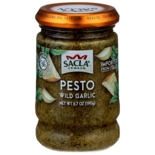 SACLA ITALIA Garlic Pesto Sauce Made With Basil, Wild Chives, And Adding Sunflower Seed Oil - 6.7 Ounce