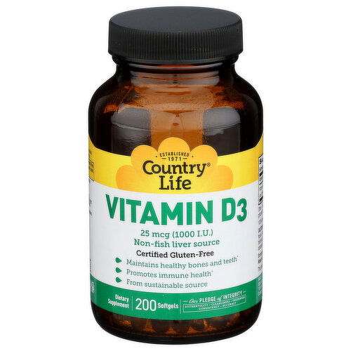 Country Life Softgel Vitamin D3 1000 I.U - 200 Count