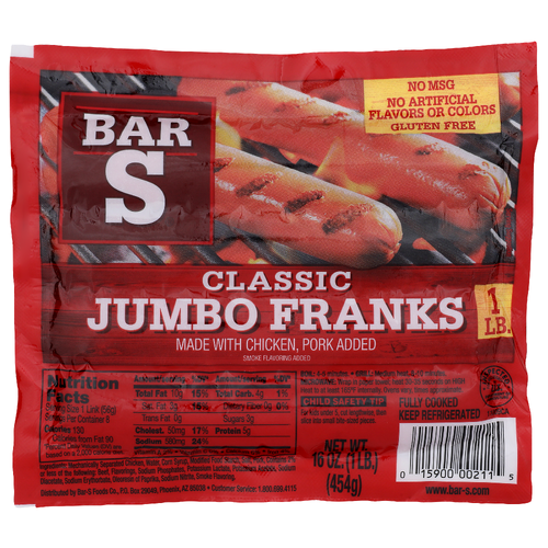 Bar S Made With Chicken, Pork Added Classic Jumbo Franks - 16 Ounce