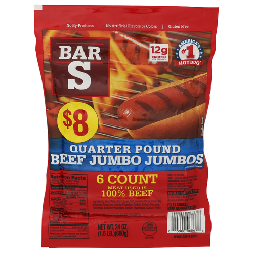 BAR-S Jumbo Beef Franks - 4 Ounce - 6 Count Image 1 of 4