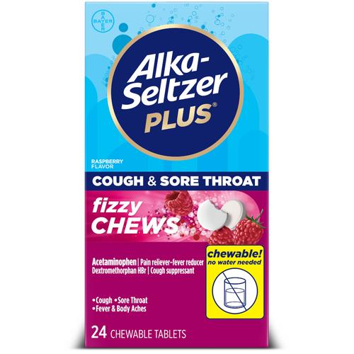Alka-Seltzer Plus Cough & Sore Throat, Fizzy Chews, Chewable Tablets, Raspberry Flavor - 24 Each