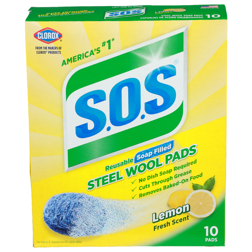 S.O.S Lemon Fresh Scent Reusable Soap Filled Steel Wool Pads - 10 Count