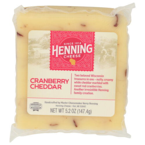 HENNING's Wisconsin Cheese Two Beloved Treasures In One – Nutty, Creamy White Cheddar Marbled With Sweet Red CRANBERRIES. Cranberry - 5.2 Ounce