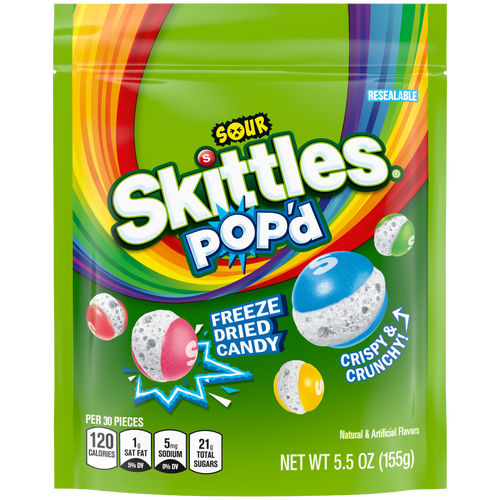 Skittles Pop'd Sour Freeze Dried Candy, Resealable Bag - 5.5 Ounce