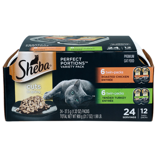 Sheba Cuts In Gravy Roasted Chicken Entree, Tender Turkey Perfect Portions Variety Pack Premium Cat Food - 1.321 Ounce - 24 Count