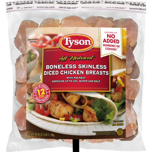 Tyson Rtc, Ice Glazed Boneless Skinless Chicken Breast Chunks With Rib Meat - 2.5 Pound