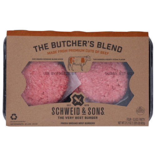 Schweid & Sons Beef Burgers, Fresh Ground, Butcher's Blend - 5.3 Ounce - 4 Count