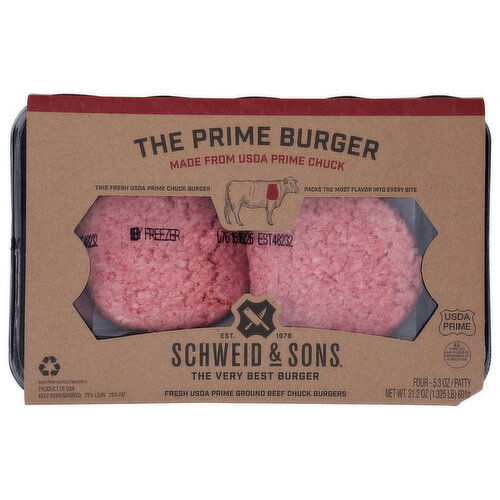 Schweid & Sons Beef Chuck Burgers, Ground, Prime - 5.3 Ounce - 4 Count