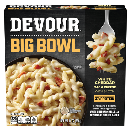 Devour Big Bowl White Cheddar Mac & Cheese With Bacon, Box - 14 Ounce
