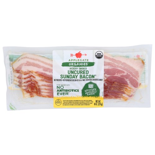 APPLEGATE Bacon Organic Hickory Smoked Uncured Sunday Is Good Old-Fashioned Hardwood This Means You Can Enjoy On Or Any Other Day For That Matter. We Source From Farms Where Animals Are Raised With Care And Respect. Believe Leads To Great Tasting Products Peace Of Mind All Part Our Mission. Changing The Meat Eat. Usda - 8 Ounce