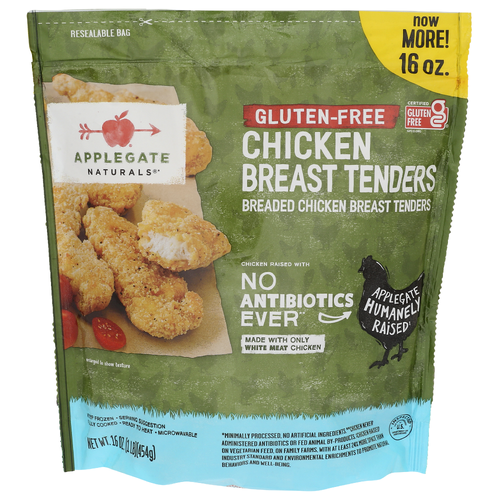 APPLEGATE Breaded Chicken You Don’t Need To Be On a Gluten-Free Diet Savor These Delicious, All-White Meat Tenders. We Source From Farms Where Animals Are Raised With Care And Respect. Believe This Leads Great Tasting Products Peace Of Mind— All Part Our Mission. Changing The Eat. Fully Cooked. Ready Heat. Microwavable - 16 Ounce
