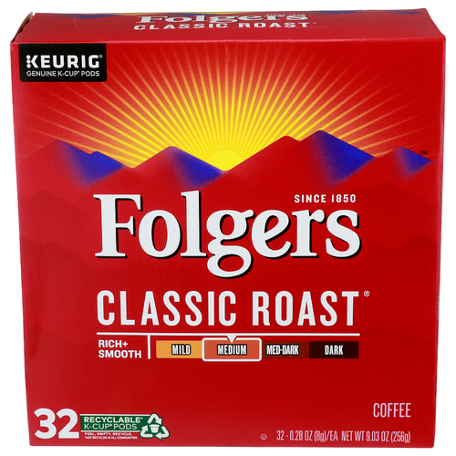 Folgers Classic Roast Medium Keurig Genuine K-Cup Pods - 0.282 Ounce - 32 Count