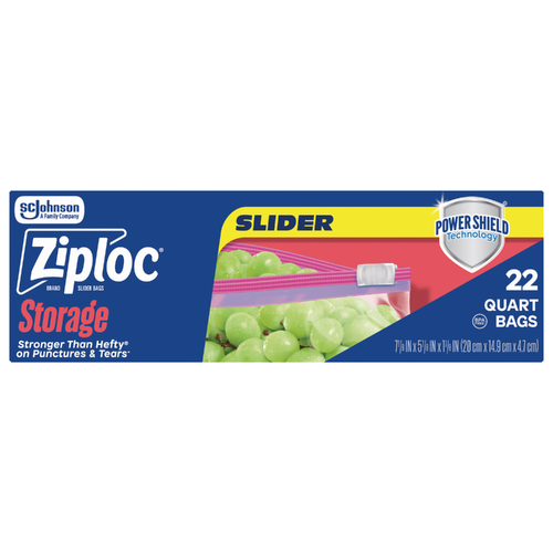 Ziploc Storage Slider Quart Bags, Power Shield Technology, Expandable Bottom - 22 Count
