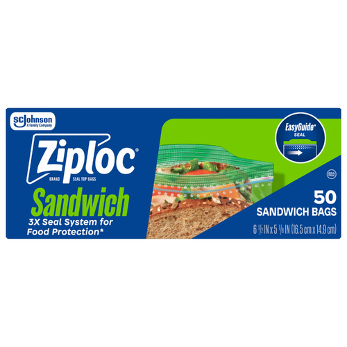 Ziploc Sandwich Bags With Easyguide Texture, Grip 'n Seal Technology - 50 Count