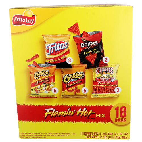 Frito Lay Cheetos Crunchy Flamin' Hot Cheese Flavored Snacks, Puffs Chester's Fries Corn Fritos Chips, Doritos Nacho Tortilla Mix - 0.966 Ounce - 18 Count