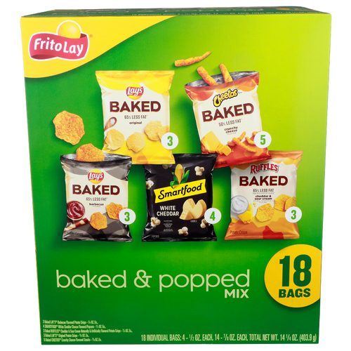 Frito Lay Baked Lay's Barbecue Flavored Potato Crisps, Smartfood White Cheddar Cheese Popcorn, Ruffles Cheddar & Sour Cream Naturally & Artificially Original Cheetos Crunchy Snacks & Popped Mix - 0.792 Ounce - 18 Count