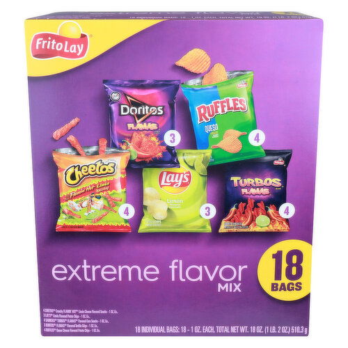 Frito Lay Cheetos Crunchy Flamin Hot Limón, Lay's Sabritas Turbos Flamas, Doritos Flamas & Ruffles Queso Cheese Extreme Flavor Mix - 18 Ounce