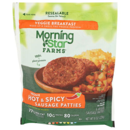 MORNING STAR FARMS Veggie Hot & Spicy Sausage Patties - 1.333 Ounce - 6 Count