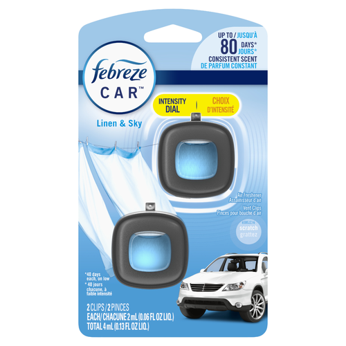 Febreze Car Air Freshener, Odor-Fighting Automotive Vent Clip, Linen & Sky Scent - 0.13 Ounce