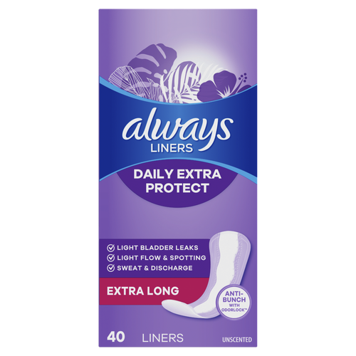 Always Daily Extra Protect Liners, Long Length, Unscented - 40 Count