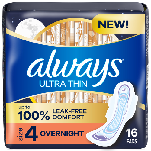Always Ultra Thin Overnight Pads, Size 4, Overnight, Unscented - 16 Count