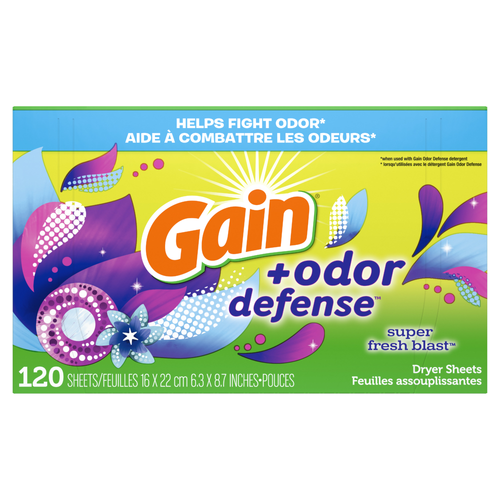 Gain Odor Defense Dryer Sheets, Super Fresh Blast Scent Fabric Softener - 120 Count