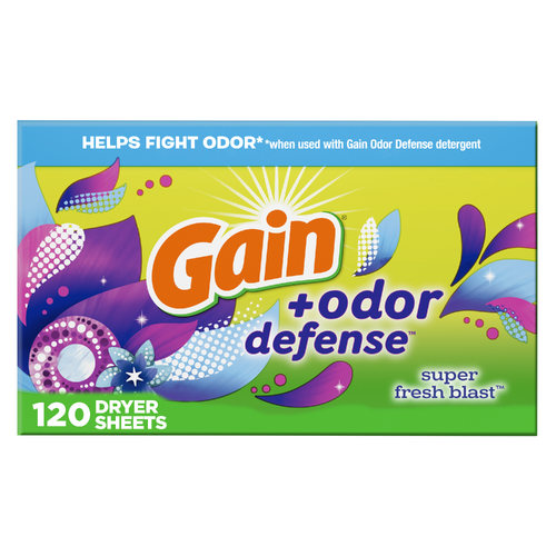 Gain + Odor Defense Dryer Sheets, Super Fresh Blast Scent Fabric Softener - 120 Count