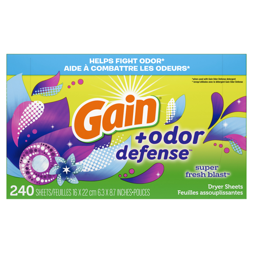Gain Odor Defense Dryer Sheets, Super Fresh Blast Scent Fabric Softener - 240 Count