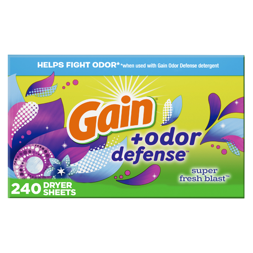 Gain + Odor Defense Dryer Sheets, Super Fresh Blast Scent Fabric Softener - 240 Count