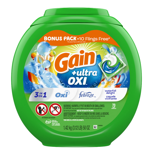 Gain Flings Ultra Oxi Laundry Detergent Pacs, Waterfall Delight Scent, 3-In-1, He Compatible - 70 Count
