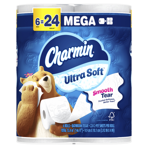 Charmin Ultra Soft Toilet Paper 6 Mega Rolls, 224 Sheets Per Roll - 6 Count