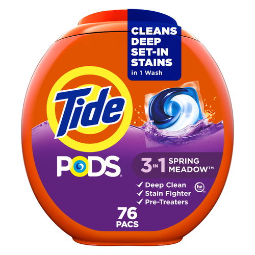Tide Pods Laundry Detergent Pacs, 3-In-1 Stain Remover, Odor Fighter, Color Protector, , He Compatible, Spring Meadow Scent - 76 Count