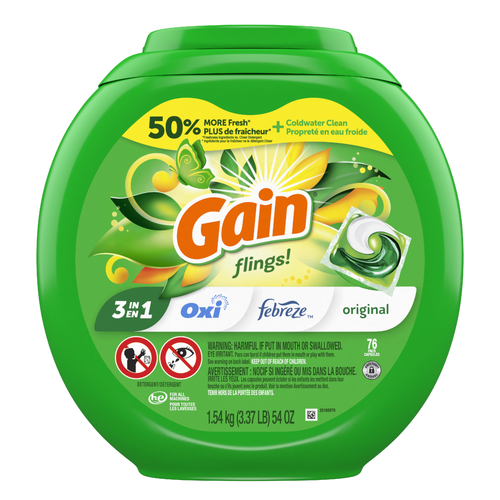 Gain Flings Laundry Detergent Pacs, Original Scent, 1 He With Oxi Boost And Febreeze - 76 Count