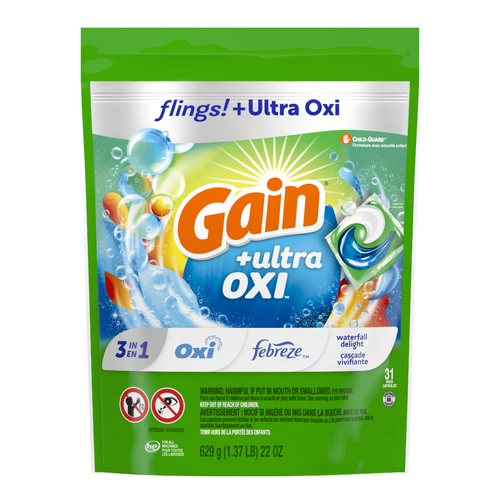 Gain Flings Ultra Oxi Laundry Detergent Pacs, Waterfall Delight Scent, 3-In-1, He Compatible - 31 Count