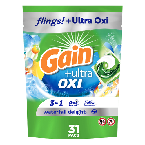 Gain Flings Ultra Oxi Laundry Detergent Pacs, , Waterfall Delight Scent, 3-In-1, He Compatible - 31 Count