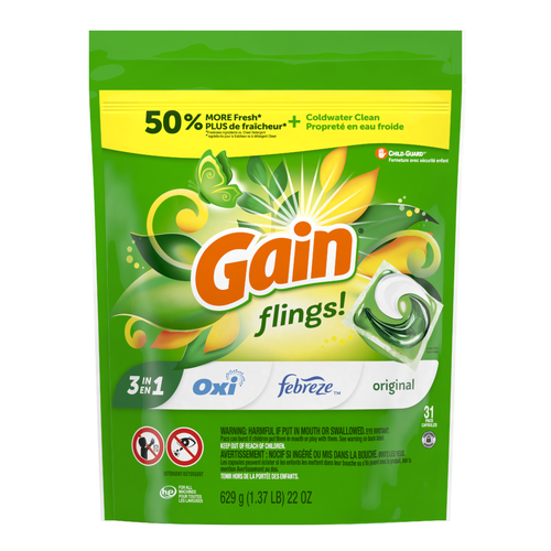 Gain Flings Laundry Detergent Pacs, Original Scent, 1 He With Oxi Boost And Febreeze - 31 Count