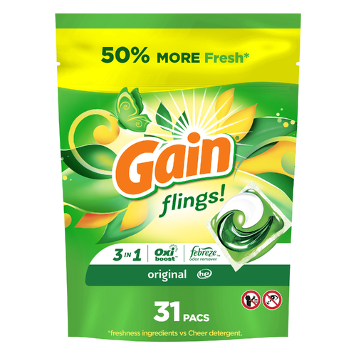 Gain Flings Laundry Detergent Pacs, , Original Scent, 3 In 1 He Pacs With Oxi Boost And Febreeze - 31 Count