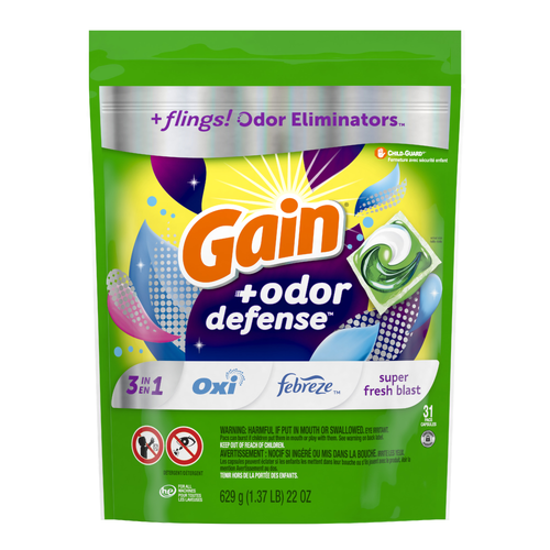 Gain Flings Laundry Detergent Pacs With Odor Defense, Super Fresh Blast Scent, He 3in1 Febreze And Oxi - 31 Count