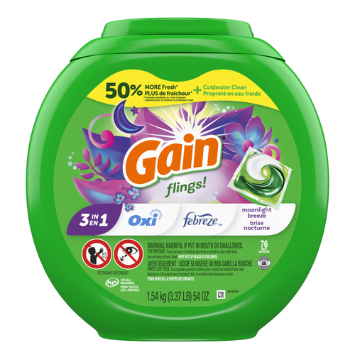 Gain Flings Laundry Detergent Pacs, Moonlight Breeze Scent, 1 He With Oxi Boost And Febreeze - 76 Count