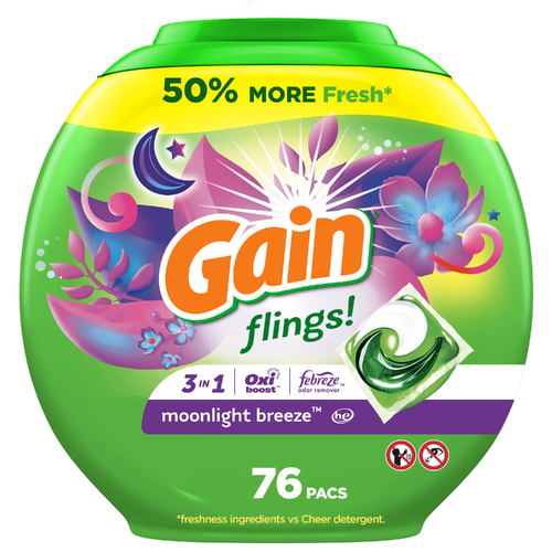 Gain Flings Laundry Detergent Pacs, , Moonlight Breeze Scent, 3 In 1 He Pacs With Oxi Boost And Febreeze - 76 Count