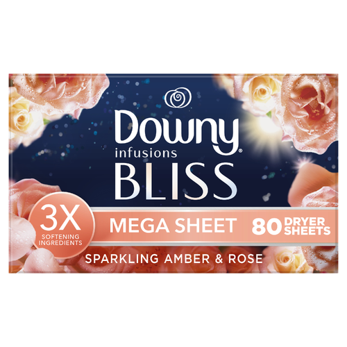 Downy Infusions Mega Dryer Sheets, Laundry Fabric Softener, Bliss, Amber And Rose - 80 Count