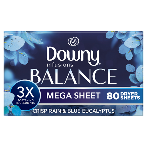 Downy Infusions Mega Dryer Sheets, Laundry Fabric Softener, Balance, Crisp Rain And Blue Eucalyptus - 80 Count