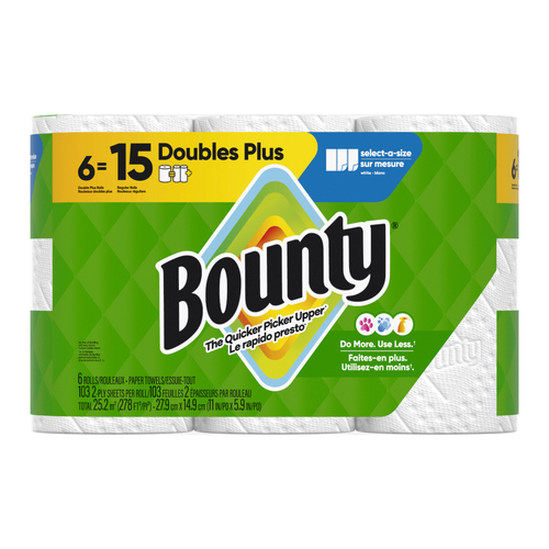 Bounty Paper Towels Select-A-Size White, 6 Double Plus Rolls, 103 Sheets Per Roll - 6 Count
