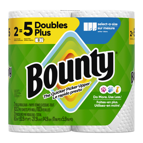 Bounty Paper Towels Select-A-Size White, 2 Double Plus Rolls, 103 Sheets Per Roll - 2 Count