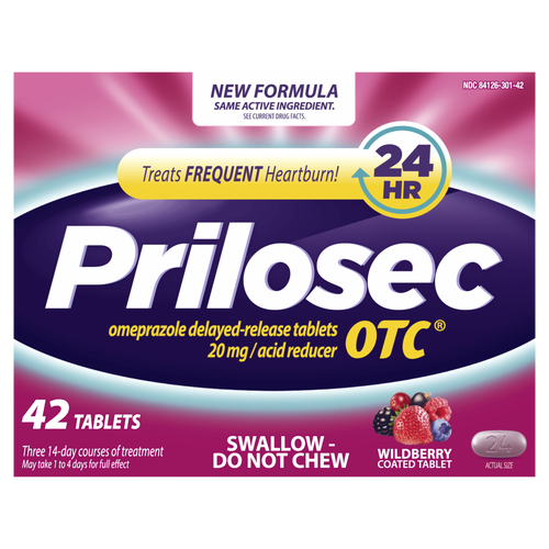 Prilosec OTC Heartburn Relief, Omeprazole, Wildberry Flavor - 42 Count