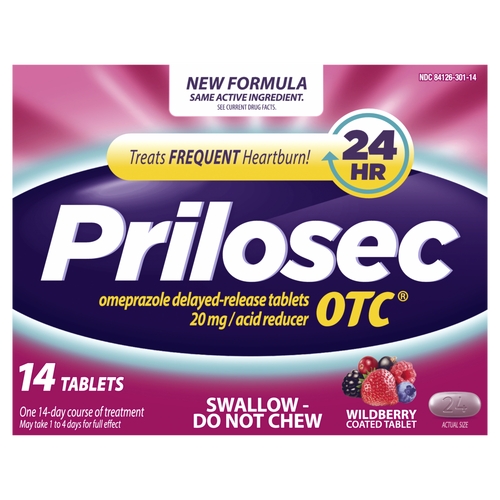 Prilosec OTC Heartburn Relief, Omeprazole, Wildberry Flavor - 14 Count