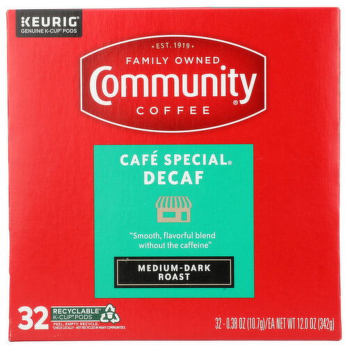 Community Coffee Café Special Decaf Medium Dark Roast Single Serve Cups - 0.375 Ounce - 32 Count Image 1 of 2